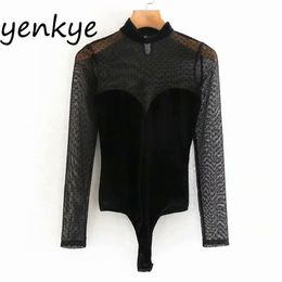 Sexy Semi-sheer Tulle Patchwork Velvet Bodysuit Women High Neck Long Sleeve Blouse Vintage Black Body mujer XNGC9605 210514