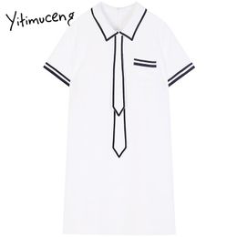 Yitimuceng Dress for Women Mini Solid White Summer Loose Waist Short Sleeve Fashion Clothes Preppy Style Office Lady 210601