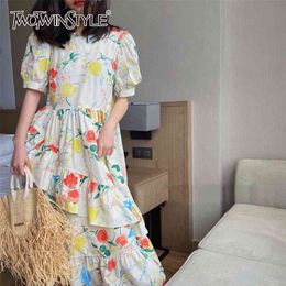 Print Patchwork Dress For Women O Neck Short Puff Sleeve Asymmetrical Ruffles Refreshing Dresses Female Style 210520