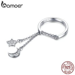 925 Sterling Silver Moon and Star Link Chain Adjustable Finger Rings for Women S925 Design SCR407 211217