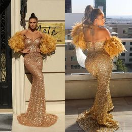 Plus Size Gold Prom Dresses 2022 Ostrich Feather Long Sleeve Sequines Arabic Party Evening Dress Gown Vestidos de gala
