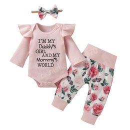 kids Clothing Sets Girls outfits Infant Pit stripe Flying sleeve Letter print Romper Tops+Floral Flowers pants 2pcs/set Spring Autumn fashion baby Clothes