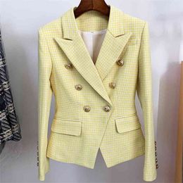 HIGH STREET est Fashion Designer Jacket Women's Lion Buttons Double Breasted Slim Fitting Tweed Houndstooth Blazer 210521