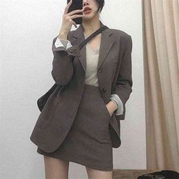 Fashion 2 Piece Set Women Skirt Suits One Button Notched Blazer Coat Slim Mini Two Female Outfits 210514
