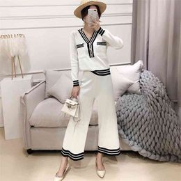 Knitted Women 2 Pieces Pant Sets Autumn Winter Button V-Neck Striped Pullover Sweater and Ankle-Length Wide Leg Suits 210520