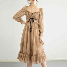 French Long Sleeve Polka Dot Vintage Dress Women Mesh Chiffon Elegant Casual Boho Beach Robes Vestidos 210514