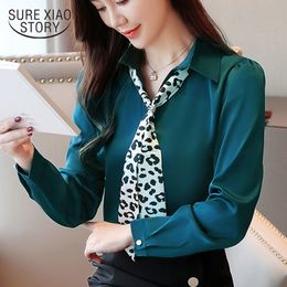 Spring Long Sleeve Spliced Chiffon Leopard Tie Green Women Blouse Blusas Mujer De Moda V-Neck Shirts Ladies Tops 8354 50 210417