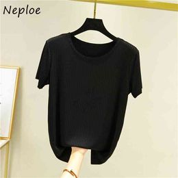 Women Summer Solid O-neck Casual T-shirts Korean Slim Fit Vertical Grain Loose Short Sleeve Female Tops 82041 210521
