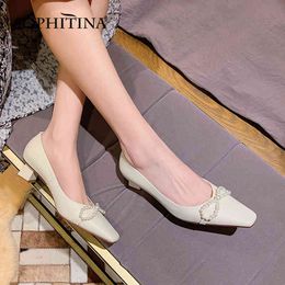 SOPHITINA Mature Leather Female Pumps String Beaded Bowknot Thick Heel Lady Shoes TPR Small Square Toe Slip-On Women Shoes AO593 210513