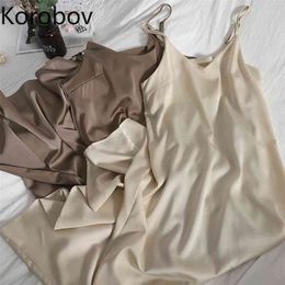 Korobov New Arrival Women Solid Elegant Korean Dress Summer Spaghetti Strap Dress Office Lady Midi Vestidos Mujer 210430