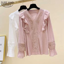 Korean V-neck Women's Lace Shirts Loose Vintage Long Sleeve Sweet Woman's Blouse Stitching Flare Sleeve Solid Blouse Women 11422 210527
