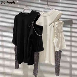 Sexy Off One Shoulder Patchwork Sleeve T Shirt Women Shinny Tops Streetwear T-shirts Spring Summer Tee 210519