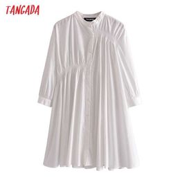 Tangada Women White Pleated Oversized Cotton Dress Long Sleeve Ladies Loose Shirt Dress Vestidos 3H94 210609