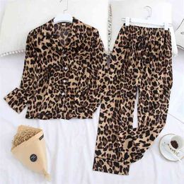 10colors Women Lounge Set Silk Top Pants Leopard Full Sleeve Breathable Pajamas Suit for Female Pyjamas Sleepwear Nightwear 210330