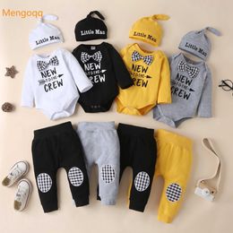 Newborn Baby Boys Autumn Full Sleeve Letter Bow Tie Top Bodysuits Trousers Hat Kids Infant Clothes Set 3pcs Casual 0-12m G1023