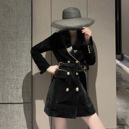 Spring Autumn Long Sleeve Black Slim Ladies Party Gold Velvet Blazer Dresses Double Breasted Dress With Waist Bag 210510