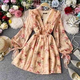 Neploe Flower Print Dress French Elegant V Neck Puff Sleeve Ladies Vestidos Summer Fashion Slim Waist Female Dresses 1C410 210423