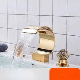 Golden Basin Faucet Deck Mount Widespread Brass Bathroom Basin Mixer Tap Dual Handle Cold and Hot Water Crane Vessel Sink Taps