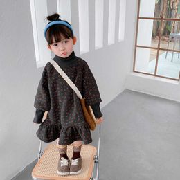 Winter baby girls floral double layer loose casual dress warm high collar oversized fleece lining princess dresses Q0716