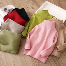 Autumn Winter Warm 2-9 10 12 Years 90-150cm High Neck Knitted Turtleneck Solid Color All Match Sweater For Baby Kids Girls 210701