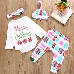 Merry Christmas Girl Baby Girl Clothes Suits Newborn Bodysuits Pants Caps Hairband 4-Piece Clothing Set Infant Jumpsuit Cotton 210413