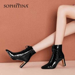 SOPHITINA Women's Boots Handmade Lattice Square heel Cross-tied Square heel Boot Elegant TPR Non-slip High heels Shoes SO678 210513