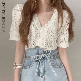 Sweet Sweater Coat Women's Spring V-neck Chic Preal Button Lace Hollow Out Short Sleeve Knitted Cardigan 210427