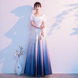 Ethnic Clothing Blue-white Gradients Qipao Square Collar Backless Cheongsam Floor Length Chorus Pleated Dress Gown Temperament Vestidos De F