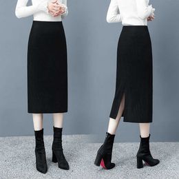 Elegant 60-80CM Elastic Waist Women Skirt Autumn Winter Warm Rib Knitted Straight Midi Black Thick Split Pencil 210526