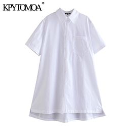 Women Chic Fashion Loose Asymmetry Poplin Mini Shirt Dress Short Sleeve Side Vents Female Dresses Vestidos 210420