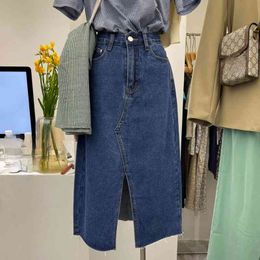 Fashion High Waisted Slit Woman Jean Skirts All Match Mujer Denim Faldas Spring Summer Age-reducing Slim Jupe 210514