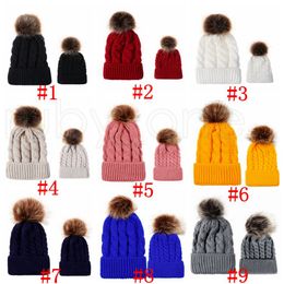 Pompom Ball Knitted Hat Winter Warm Women Parent-child Knitting Caps Twist Knit Beanies Imitation Braid Hair Ball Wool Cap Party Hats RRA4504