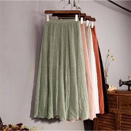 Cotton Linen Maxi Skirt Women Spring Summer Elastic Waist Vintage Solid Pleated Long Skirts Mori Girl Boho Beach Skirt QH1755 210407