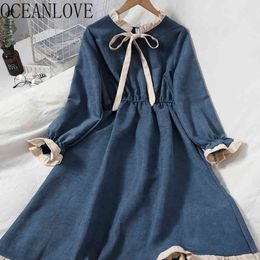 Autumn Winter Dress Japan Style Kawaii Lace Up Vestidos Vintage Bow A-line Robes Hiver Preppy Dresses Women 18941 210415