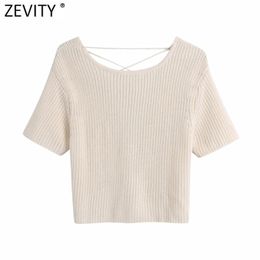 Women Solid Colour Short Knitting Sweater Femme Chic Summer Sexy Backless Lace Up Casual Slim Pullovers Crop Tops SW830 210420