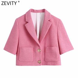 Women England Style Pockets Patch Solid Rose Pink Short Tweed Woolen Blazer Coat Vintage Female Outerwear Chic Tops CT679 210416