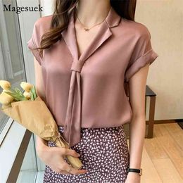 Summer Short Sleeve Chiffon Shirt Women V-neck Tie Solid Loose White Blouses And Shirts Korean Plus Size Tops 13926 210512