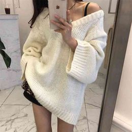 Korean Style Bat Sleeve Knitted Pullover V-neck Solid Loose Casual Woman Sweater Autumn Winter Clothes For Women 210514
