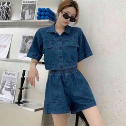 Summer Two Piece Set Women Casual Fashion Denim Lapel Short Sleeve Jacket Tops + Elastic Waist Shorts Outfits 210519