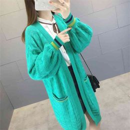 V-neck Cardigan Sweater Women Spring Matching Color Lantern Sleeves Loose Tops Long Knitted Jacket 210427