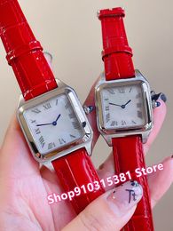 Classic Women Men watches Stainless Steel Geometric square Wristwatch Couples Grey Leather Mother of pearl Quartz clock 28mm 32mm