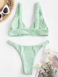 ZAFUL Elasticated Straps Ribbed Bikini Swimwear Solid Women Padded Thong Bikinis Set Sexy Summer Female Beach 2 piece Swimsuit Y0820