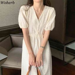 Elegant Dress for Women Summer V Neck Puff Sleeve High Waist Vestidos Mujer Korean Robe Loose Vintage Dresses 4j230 210519