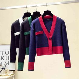 Autumn Korean Casual Fashion V-neck Knitted Cardigan Short Sweaters Women Crop Top Single Breasted Long Sleeve Knitwear Coat 210514