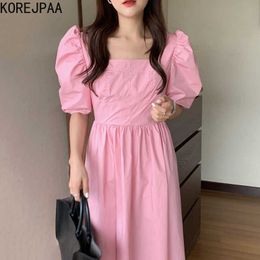 Korejpaa Women Dress Summer Korean Chic Elegant Gentle Solid Color Square Neck Pleated Open Back Puff Sleeve Long Dresses 210526