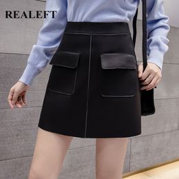 Autumn Winter Black PU Leather Sexy Wrap Short Skirts Pockets Chic High Waist Sheath A-Line Mini Female 210428