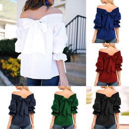 New Sexy Off Shoulder Spring Summer Strapless Women Blouse Bowknot Tops Slash Neck Shirts Casual Loose Blusas Plus Size X0521