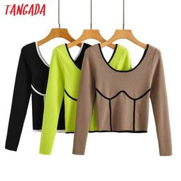 Tangada Women Fashion Slim Colour Block Knitted Sweater Jumper O Neck Female Pullovers Chic Tops LK09 210609