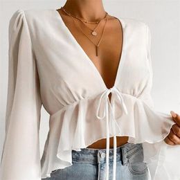 flare sleeve white chiffon blouse shirts women autumn winter v neck ruffle pelpum sheer crop tops tie front top 210427