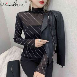 Spring Korean Style T-Shirt Girl Fashion Sexy Transparent Mesh Diamonds With Strapless Women Tops Bottoming Shirt Tees T11315A 210421